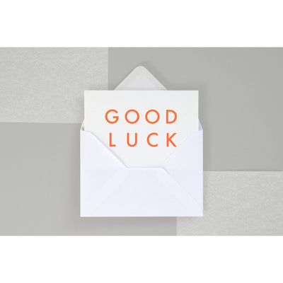 Ola Foil blocked Good Luck card Fluorescent Orange on White